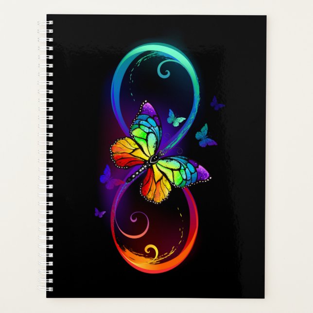 Vibrant infinity with rainbow butterfly on black planner (Front)