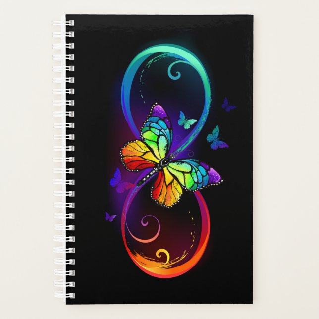 Vibrant infinity with rainbow butterfly on black planner (Front)