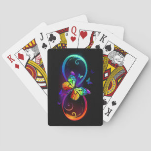 Vibrant infinity with rainbow butterfly on black playing cards