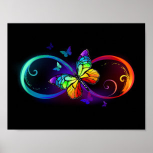 Vibrant infinity with rainbow butterfly on black poster