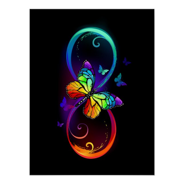 Vibrant infinity with rainbow butterfly on black poster (Front)