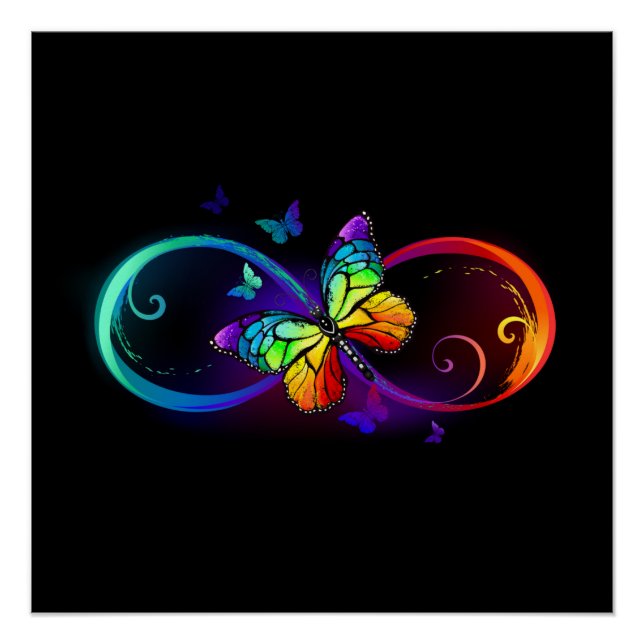 Vibrant infinity with rainbow butterfly on black poster (Front)