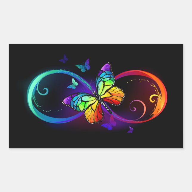 Vibrant infinity with rainbow butterfly on black rectangular sticker (Front)