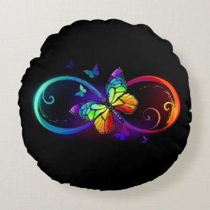 Vibrant infinity with rainbow butterfly on black round cushion
