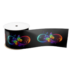 Vibrant infinity with rainbow butterfly on black satin ribbon