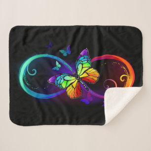 Vibrant infinity with rainbow butterfly on black sherpa blanket