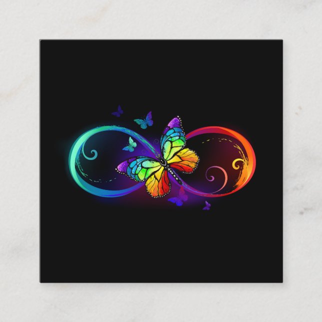 Vibrant infinity with rainbow butterfly on black square business card (Front)