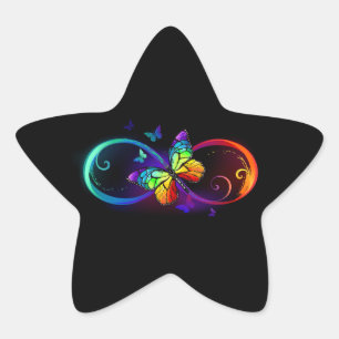 Vibrant infinity with rainbow butterfly on black star sticker