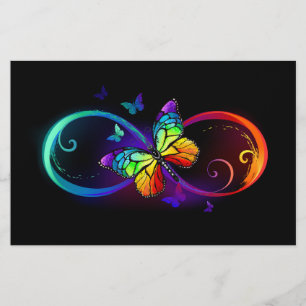 Vibrant infinity with rainbow butterfly on black  stationery