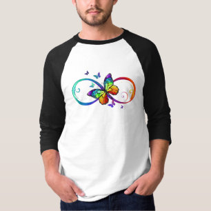 Vibrant infinity with rainbow butterfly on black T-Shirt