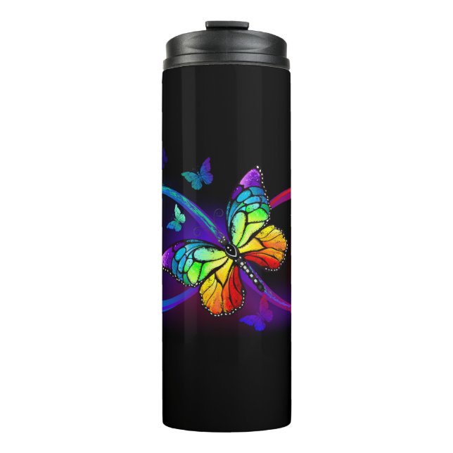 Vibrant infinity with rainbow butterfly on black  thermal tumbler (Front)