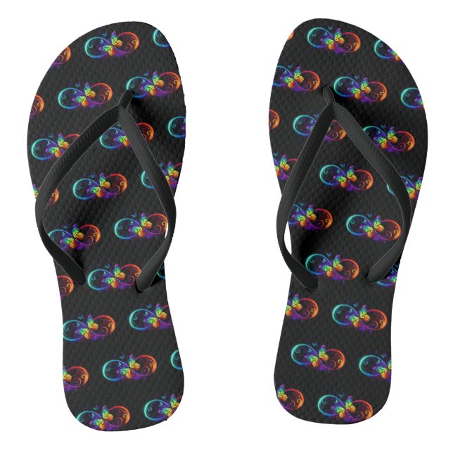 Vibrant infinity with rainbow butterfly on black thongs (Footbed)