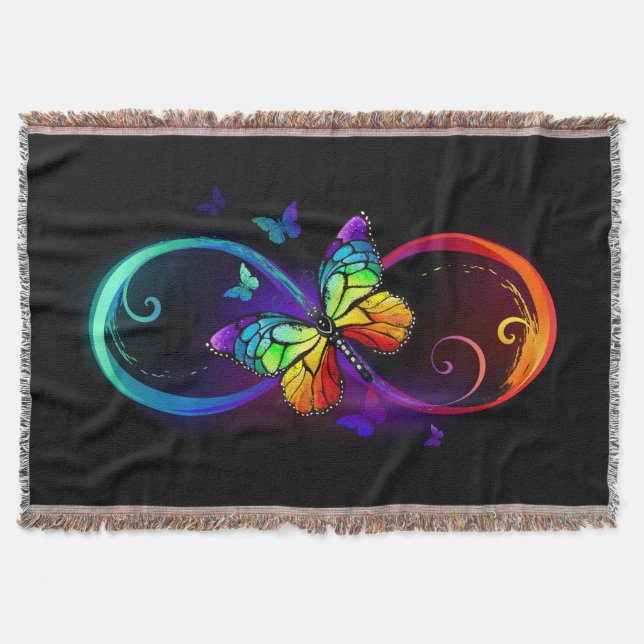Vibrant infinity with rainbow butterfly on black throw blanket (Front)