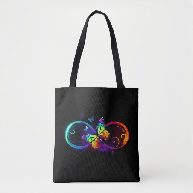 Vibrant infinity with rainbow butterfly on black tote bag (Front)