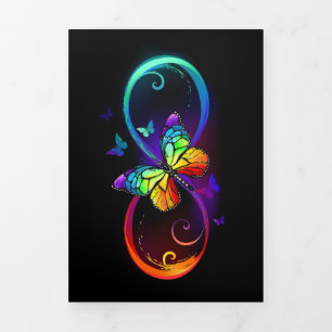 Vibrant infinity with rainbow butterfly on black Tri-Fold holiday card
