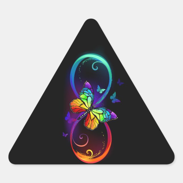 Vibrant infinity with rainbow butterfly on black triangle sticker (Front)