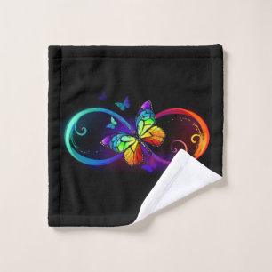 Vibrant infinity with rainbow butterfly on black wash cloth