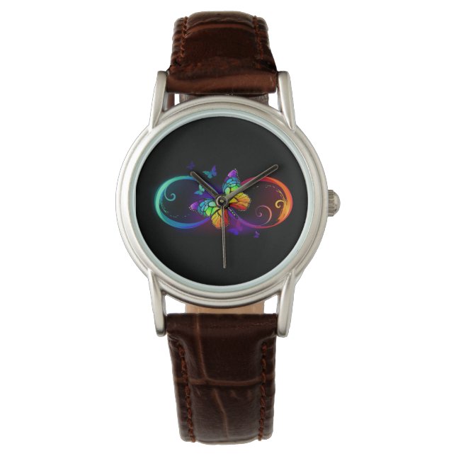 Vibrant infinity with rainbow butterfly on black  watch (Front)