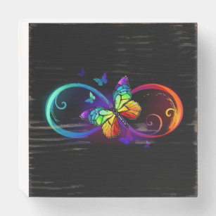 Vibrant infinity with rainbow butterfly on black  wooden box sign