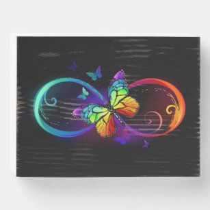 Vibrant infinity with rainbow butterfly on black  wooden box sign