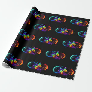 Vibrant infinity with rainbow butterfly on black wrapping paper