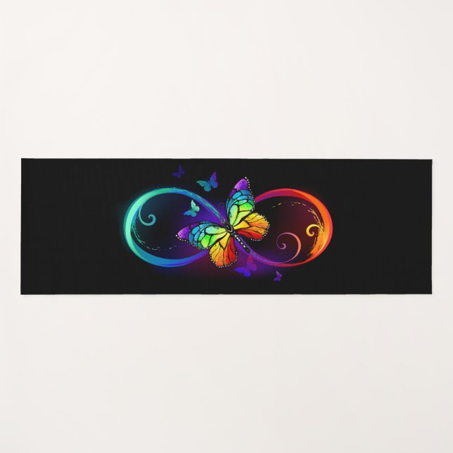 Vibrant infinity with rainbow butterfly on black  yoga mat (Front (Horizontal))