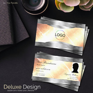 Vibrant Ivory Peach with Silver Borders Logo Photo Business Card