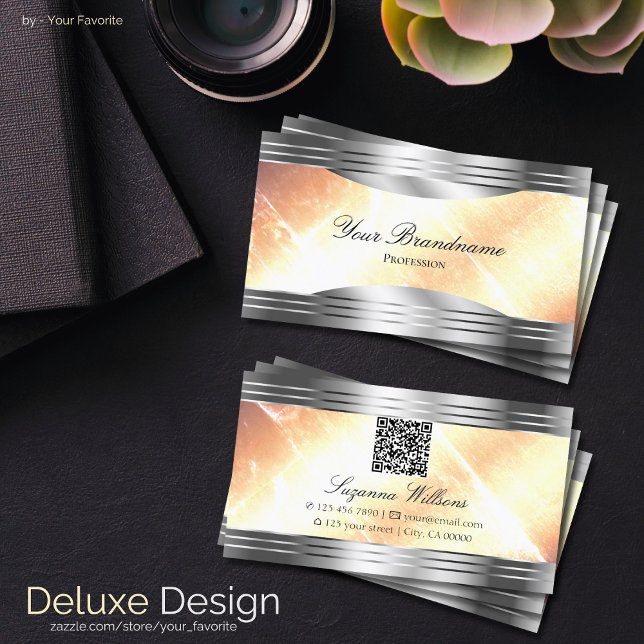 Vibrant Ivory Peach with Silver Borders QR Code Business Card (Creator Uploaded)