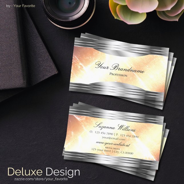 Vibrant Ivory Peach with Silver Borders Sumptuous Business Card (Creator Uploaded)