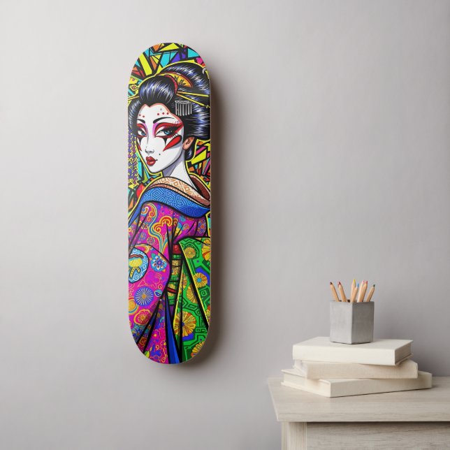 Vibrant Japanese Geisha in Kimono Portrait  Skateboard (Wall Art)
