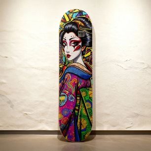 Vibrant Japanese Geisha in Kimono Portrait  Skateboard