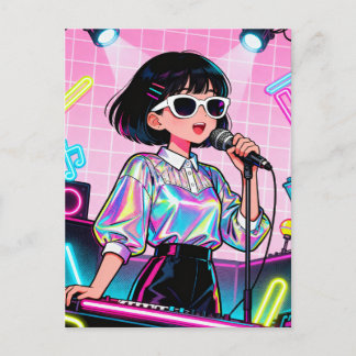 Vibrant Japanese Karaoke Pop Art Girl Postcard