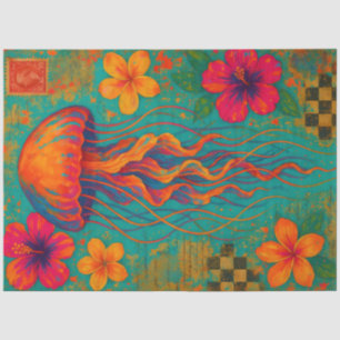 Vibrant Jellyfish with Hibiscus Flowers Nautical  Tissue Paper