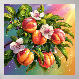 Vibrant Juicy Peaches on Tree Branch with Blossoms Poster