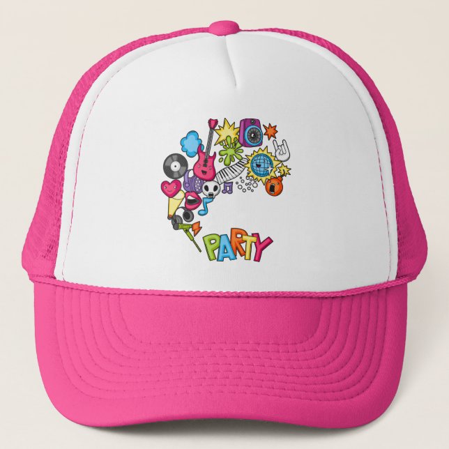 Vibrant Kawaii Music Party Doodle Art Trucker Hat (Front)
