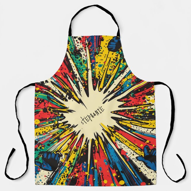 Vibrant Kinetic Blast - Crimson Blue Yellow Comic Apron (Front)