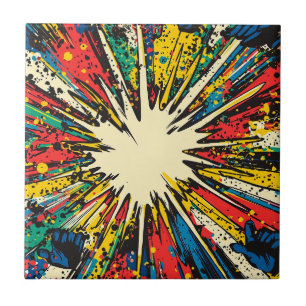 Vibrant Kinetic Blast - Crimson Blue Yellow Comic Ceramic Tile