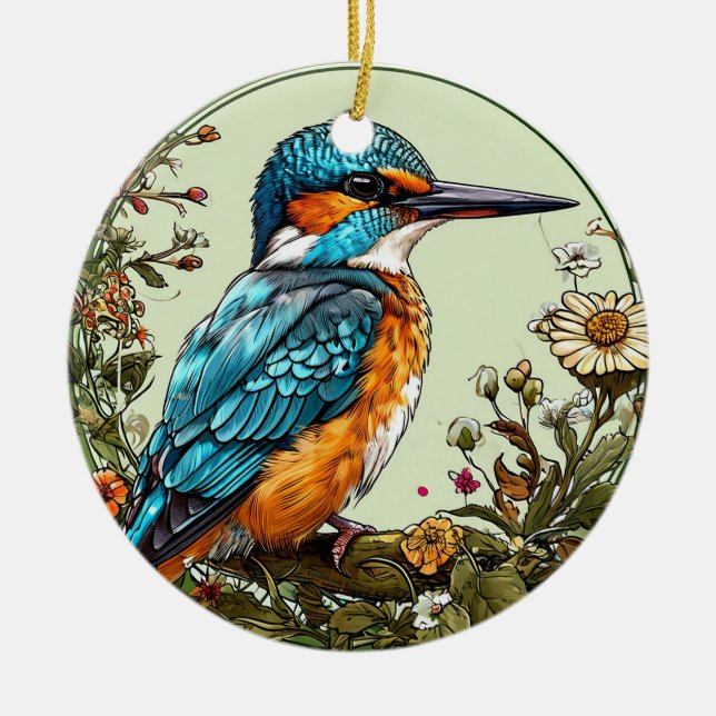 Vibrant Kingfisher Bird Ceramic Ornament (Front)