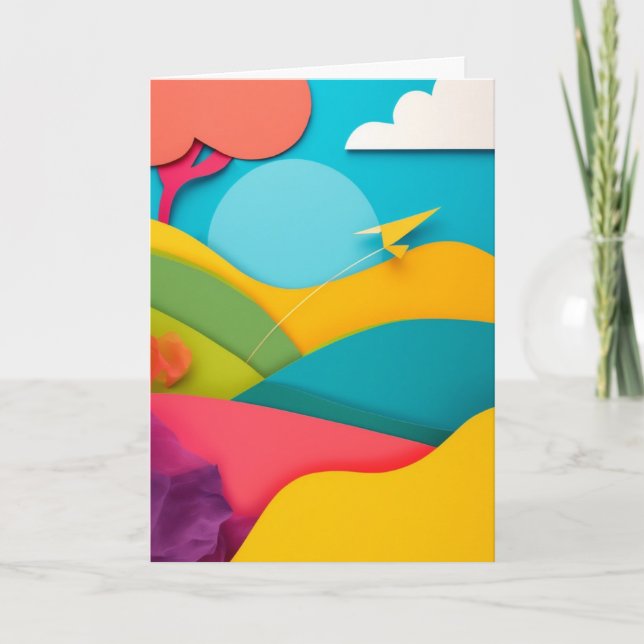 Vibrant Kite Soaring Over Colourful Hills Card (Front)