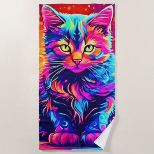 Vibrant Kitty: Beautiful Neon Artwork Beach Towel