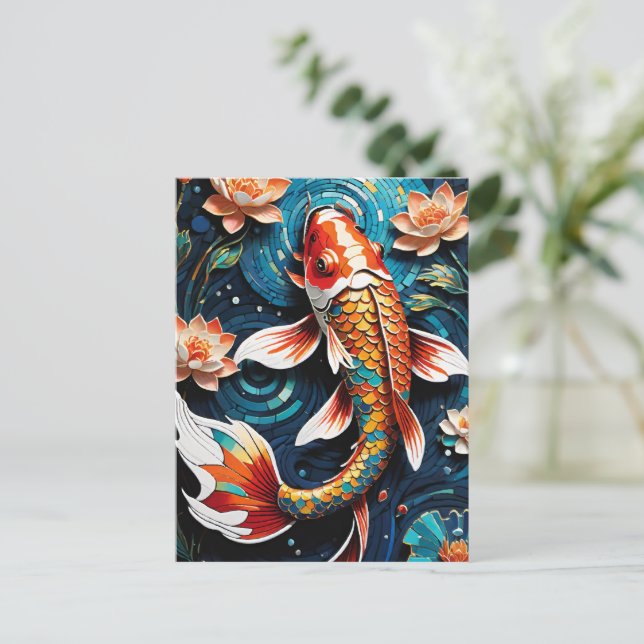 Vibrant Koi and Beautiful Flowers Aquatic Scene Holiday Postcard (Standing Front)