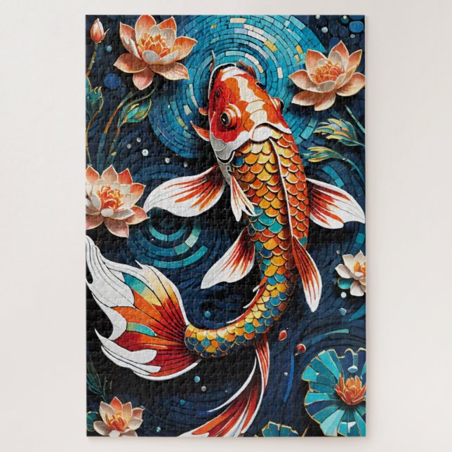 Vibrant Koi and Beautiful Flowers Aquatic Scene Jigsaw Puzzle (Vertical)