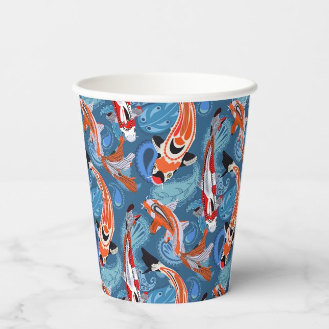 Vibrant Koi Fish Among Paisley Pattern Paper Cups (Back)