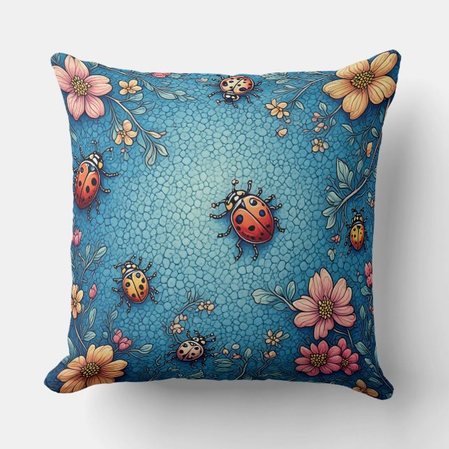 Vibrant Ladybugs and Blossoms Pattern Cushion (Front)