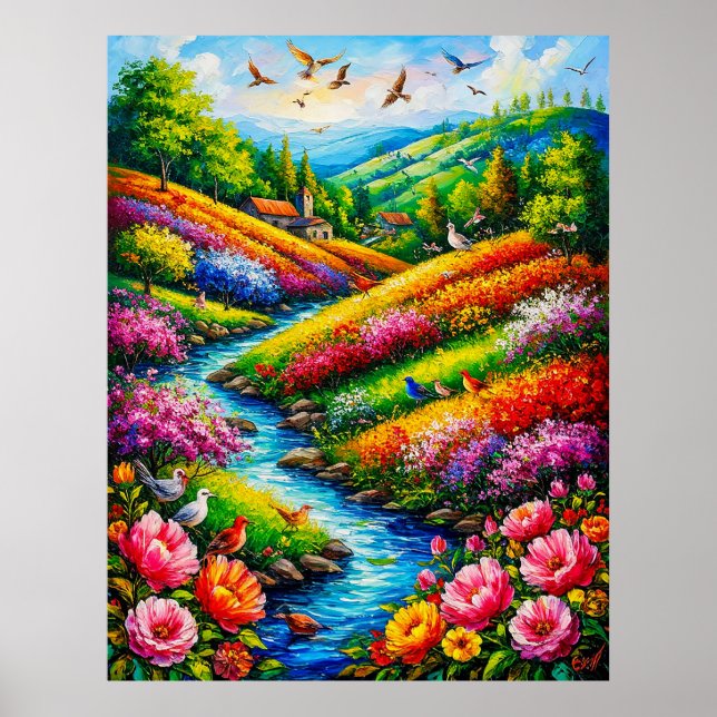 Vibrant Landscape with Blooming Flowers Poster (Front)