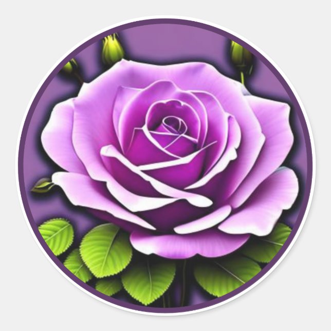 Vibrant Large Purple Rose Floral Illustration Classic Round Sticker (Front)