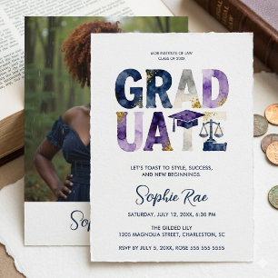 Vibrant Law Grad Purple Navy Gold Faux Glitter Invitation
