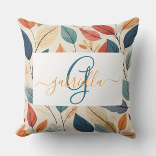 Vibrant Leaf Pattern with Name & Monogram Cushion