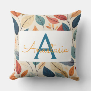 Vibrant Leaf Pattern with Name & Monogram Cushion