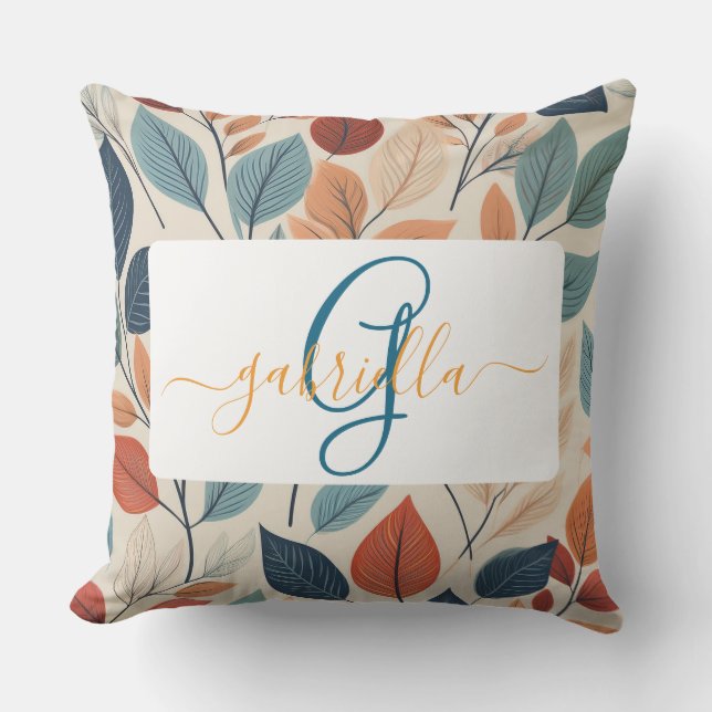 Vibrant Leaf Pattern with Name & Monogram Cushion (Front)